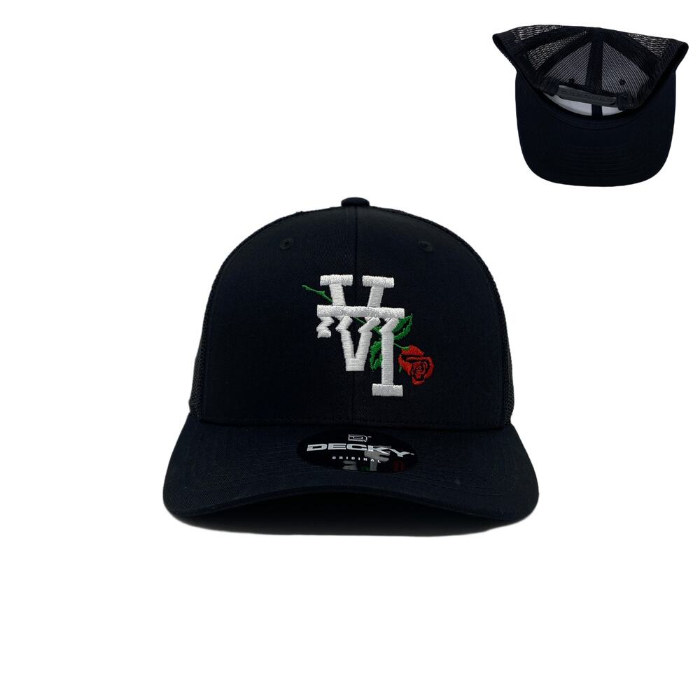 Los Angeles LA Wavy Upside Down Rose Trucker Hat in Black
